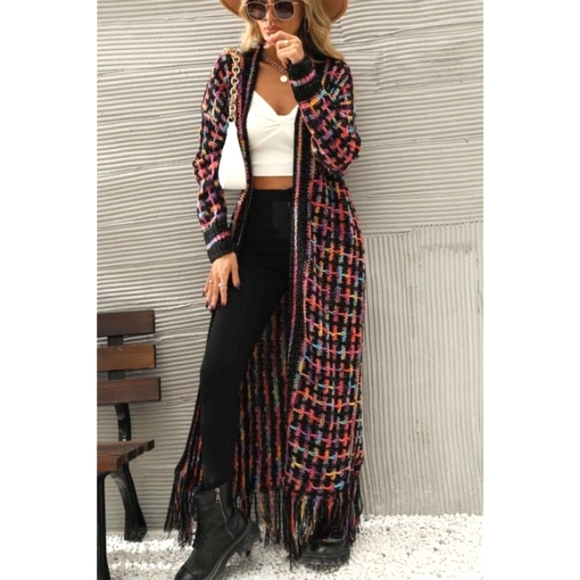 Boho Fringe Long Knit Cardigan Duster Multicolor Cozy Festival Sweater - Picture 7 of 9